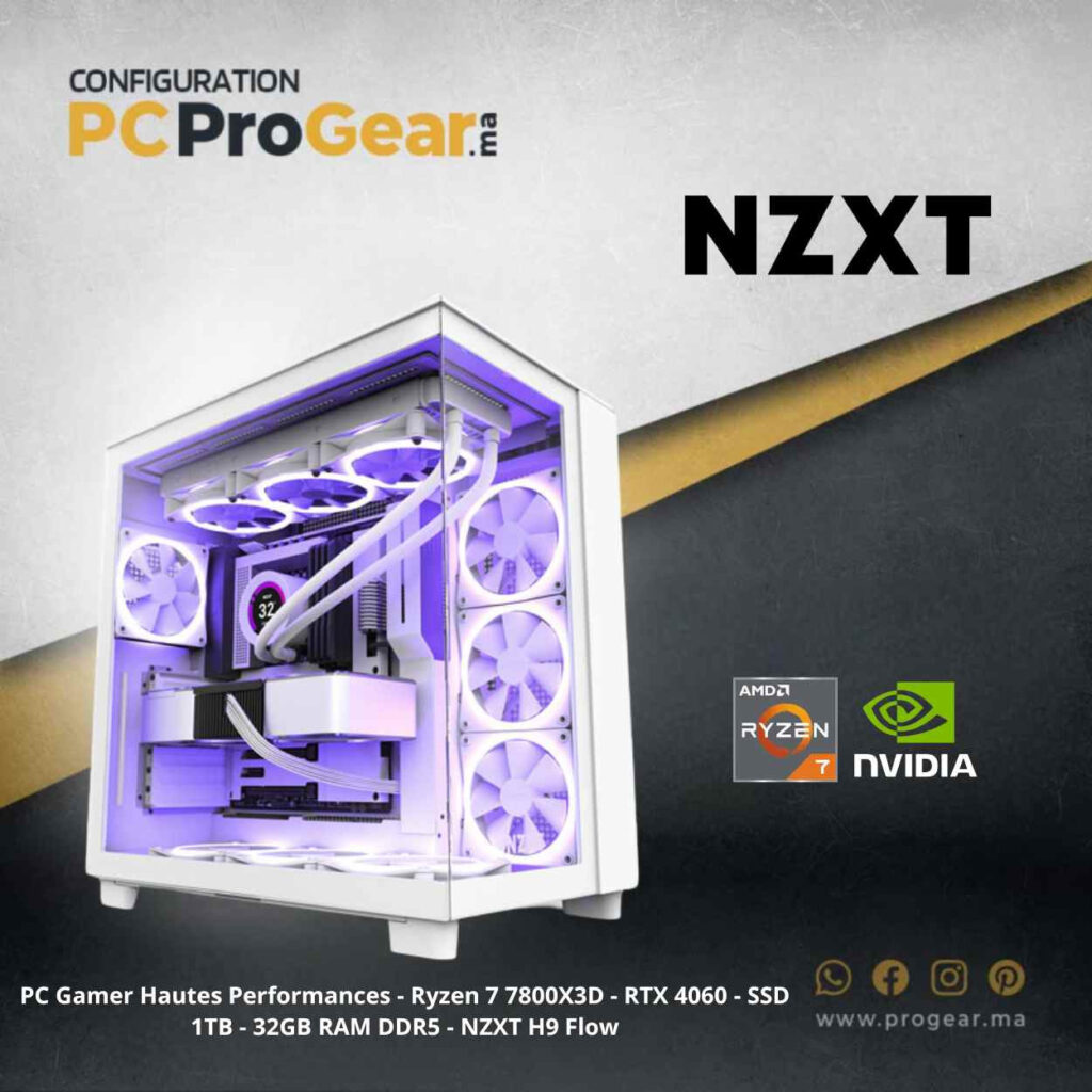 PC Gamer Hautes Performances - Ryzen 7 7800X3D - RTX 4060 - SSD 1TB - 32GB RAM DDR5 - NZXT H9 Flow