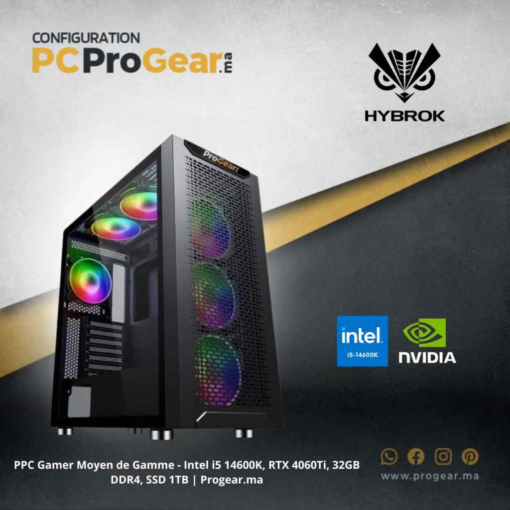 PC Gamer Moyen de Gamme - Intel i5 14600K, RTX 4060Ti, 32GB DDR4, SSD 1TB