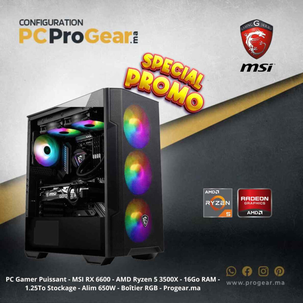 PC Gamer Puissant - MSI RX 6600 - 16Go RAM - 1.25To Stockage - Alim 650W - Boîtier RGB