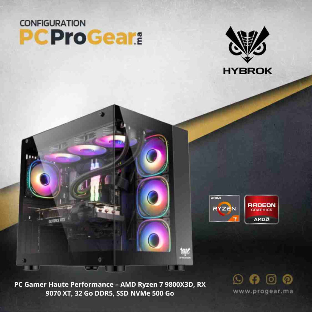 PC Gamer Haute Performance – AMD Ryzen 7 9800X3D, RX 9070 XT, 32 Go DDR5, SSD NVMe 500 Go