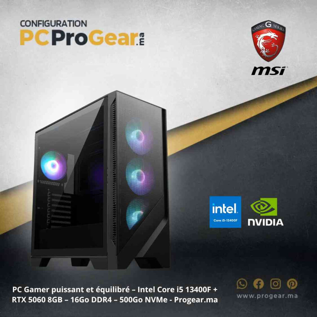 PC Gamer puissant et équilibré – Intel Core i5 13400F + RTX 5060 8GB – 16Go DDR4 – 500Go NVMe